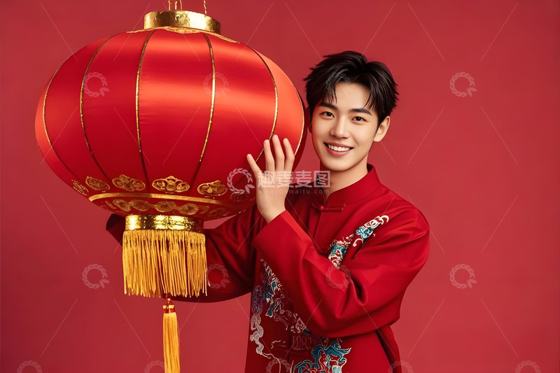春节人物手拿灯笼的年青人摄影图1