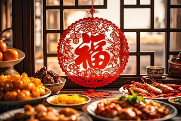 春节窗花家宴摄影图