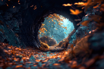 秋季洛满枫叶的山洞