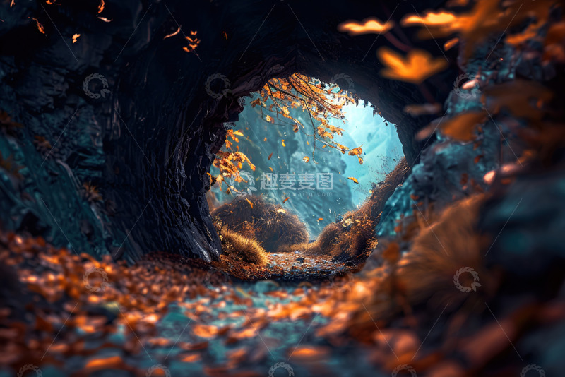 高清大图下载【趣麦麦图】秋季洛满枫叶的山洞