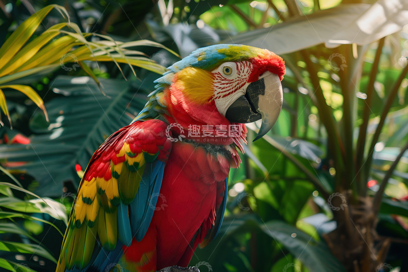 高清大图下载【趣麦麦图】站在树枝上的红色花毛鹦鹉