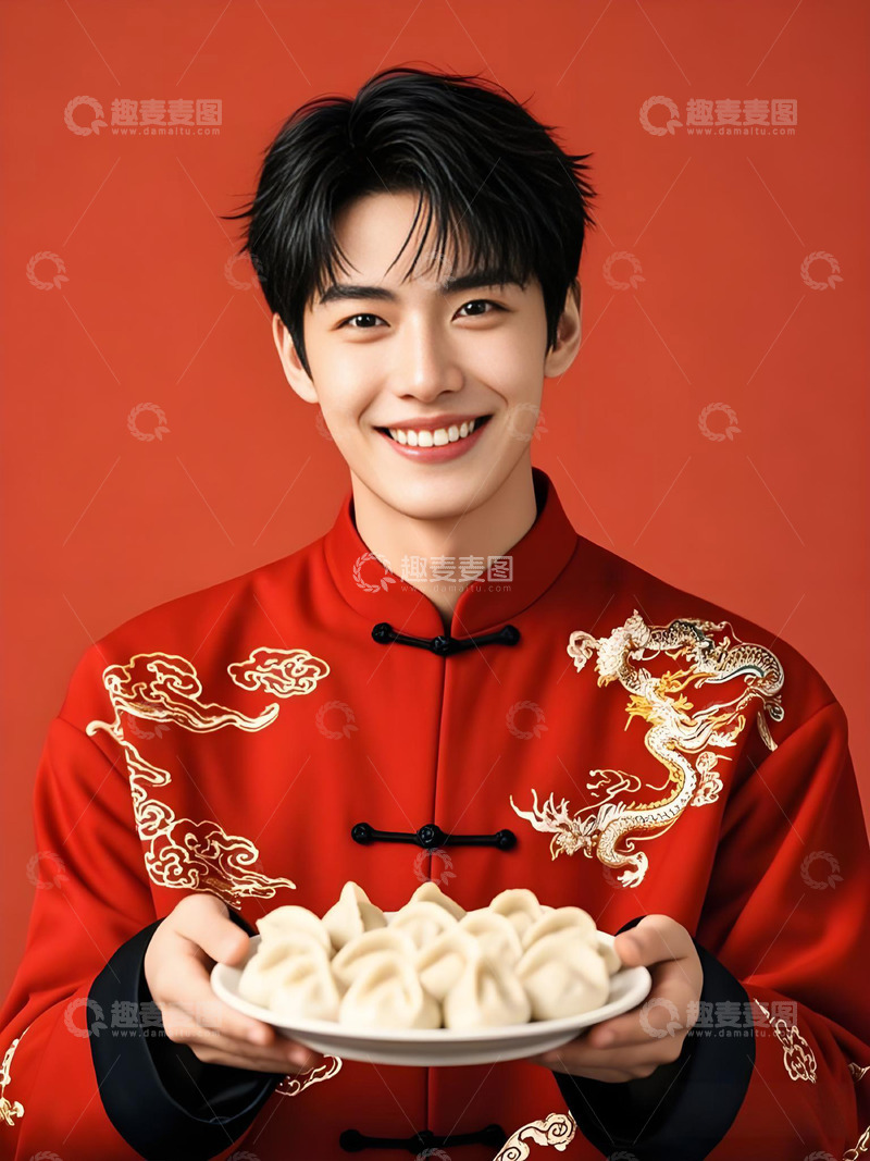 春节人物手拿一盘饺子摄影图2