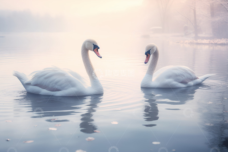 高清大图下载【趣麦麦图】湖里游泳的两只天鹅