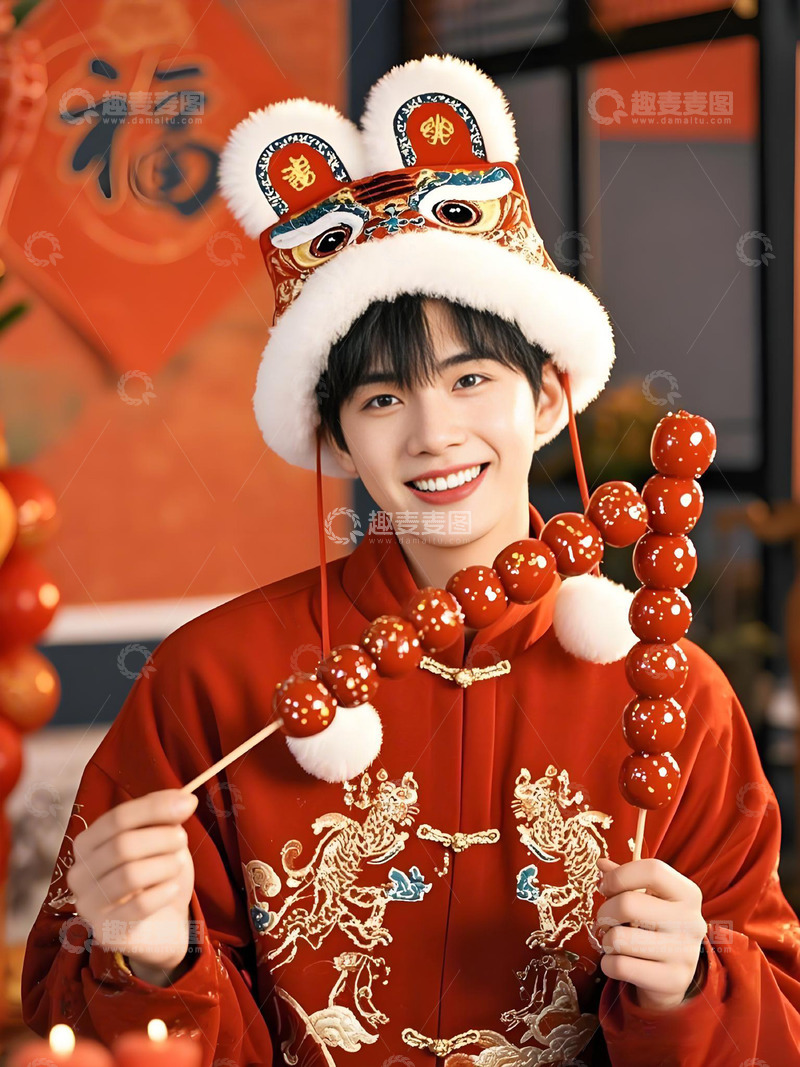 春节人物手拿糖葫芦摄影图