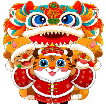 一个巨大的舞狮形象和一只穿着红色传统服饰的小老虎