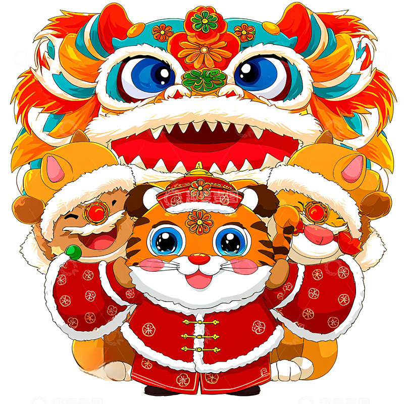 高清大图下载【趣麦麦图】-一个巨大的舞狮形象和一只穿着红色传统服饰的小老虎