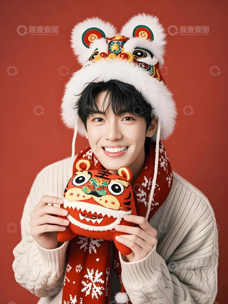 春节人物手拿布老虎摄影图