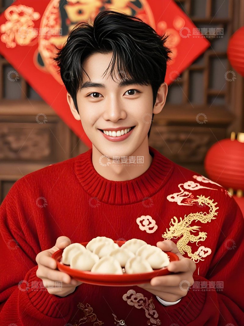 高清大图下载【趣麦麦图】春节人物手拿一盘饺子摄影图