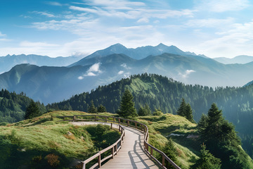 山顶森林上的木头栈道