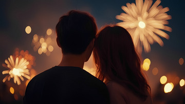 一对男女背对着镜头，依偎在一起，共同凝视着夜空中绚烂绽放的烟花