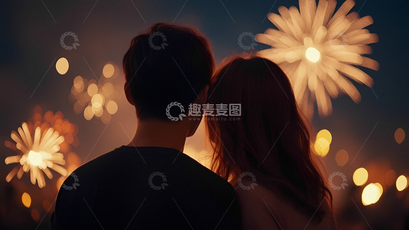高清大图下载【趣麦麦图】一对男女背对着镜头，依偎在一起，共同凝视着夜空中绚烂绽放的烟花