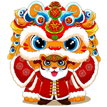 一个巨大的舞狮形象和一只穿着红色传统服饰的小老虎1