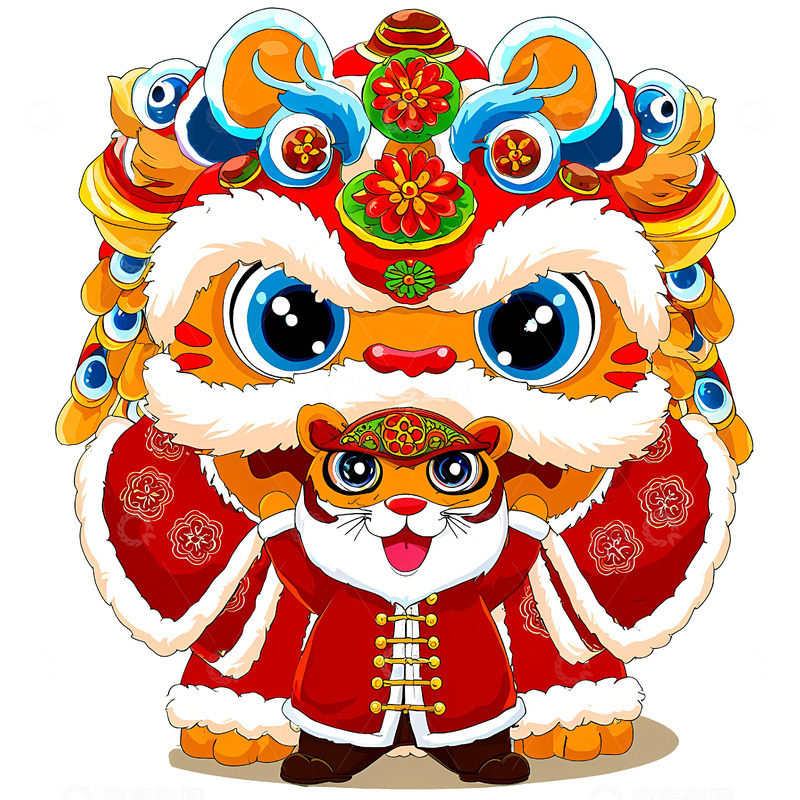 高清大图下载【趣麦麦图】-一个巨大的舞狮形象和一只穿着红色传统服饰的小老虎1