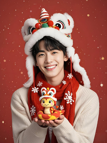 春节人物手拿蛇年玩偶摄影图