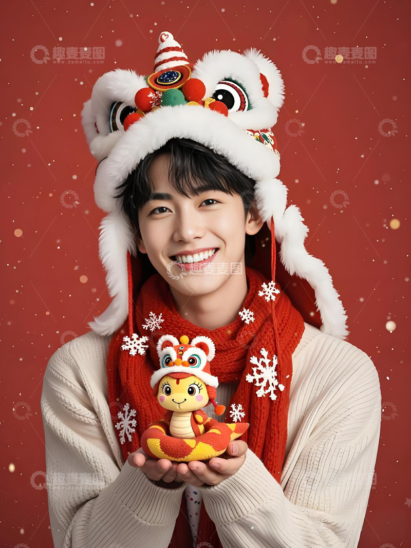 春节人物手拿蛇年玩偶摄影图