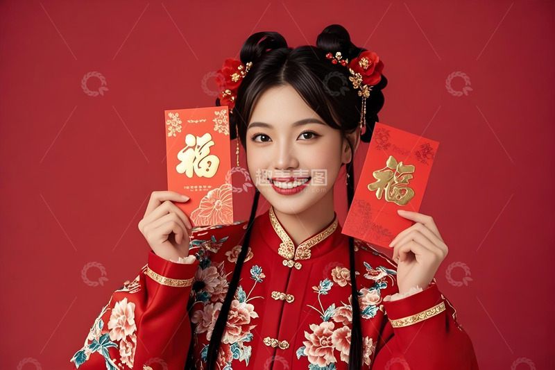 春节人物手拿红包摄影图