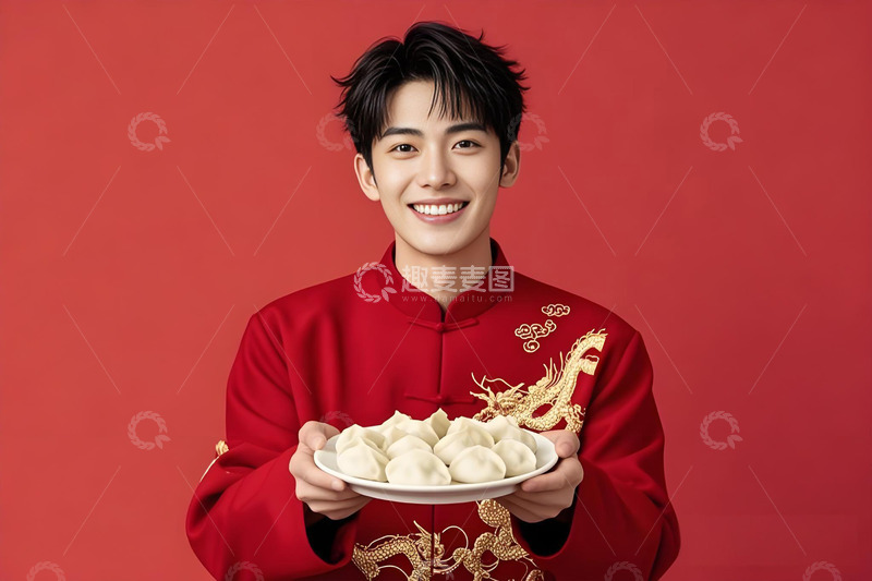 高清大图下载【趣麦麦图】春节人物手拿一盘饺子摄影图1