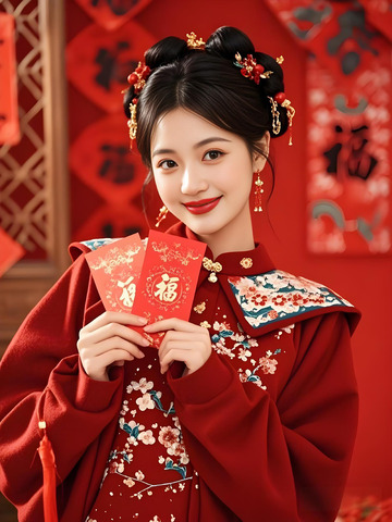 春节人物手拿红包摄影图2