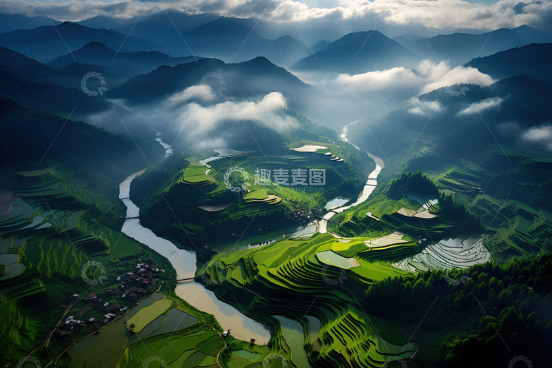 高清大图下载【趣麦麦图】-山谷中的梯田农户