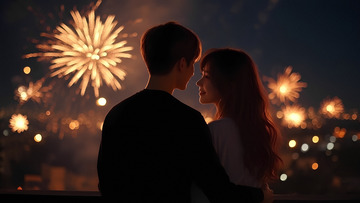 一对男女在夜色下相依相偎，男子穿着黑色上衣，女子长发披肩，身着浅色衣物