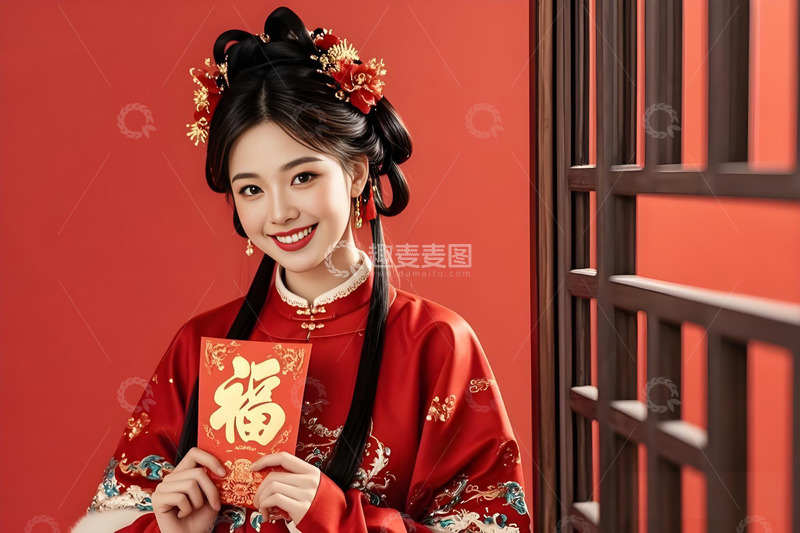 春节人物手拿红包摄影图1