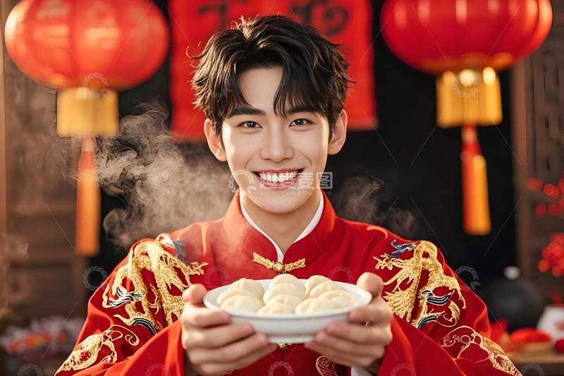 春节人物手拿一盘饺子摄影图3