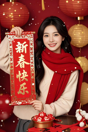 春节人物手拿对联摄影图1