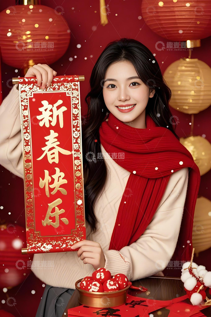 高清大图下载【趣麦麦图】春节人物手拿对联摄影图1