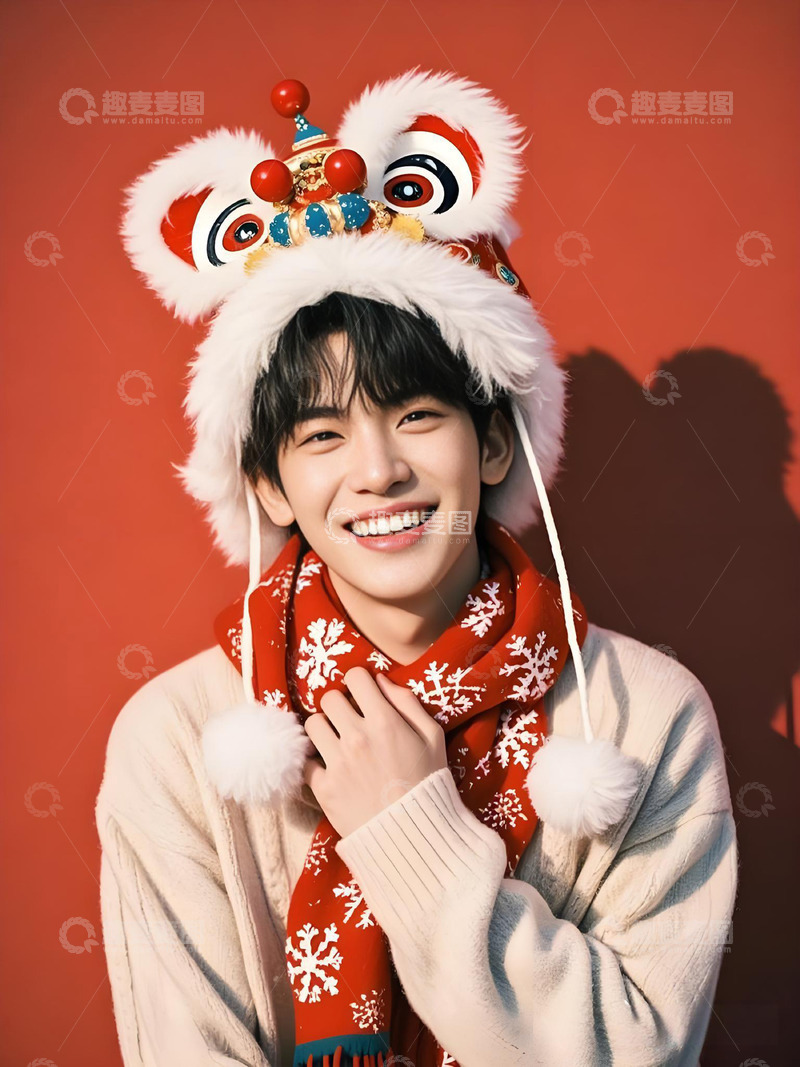 高清大图下载【趣麦麦图】春节戴醒狮帽子人物摄影图1