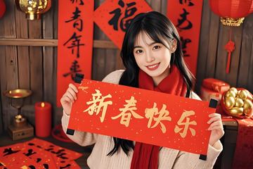 春节人物手拿对联摄影图2