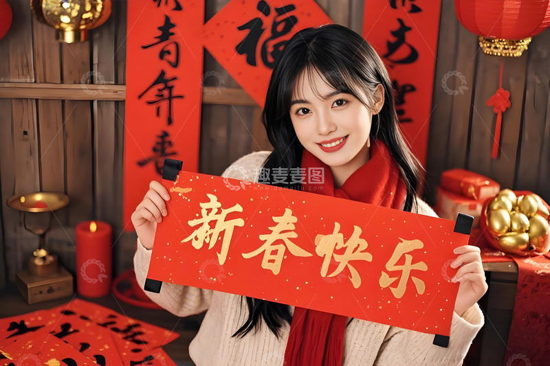 高清大图下载【趣麦麦图】春节人物手拿对联摄影图2