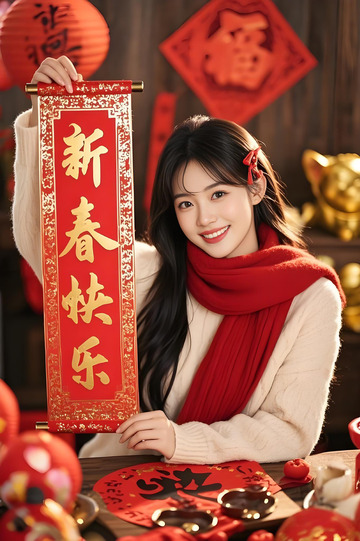 春节人物手拿对联摄影图5