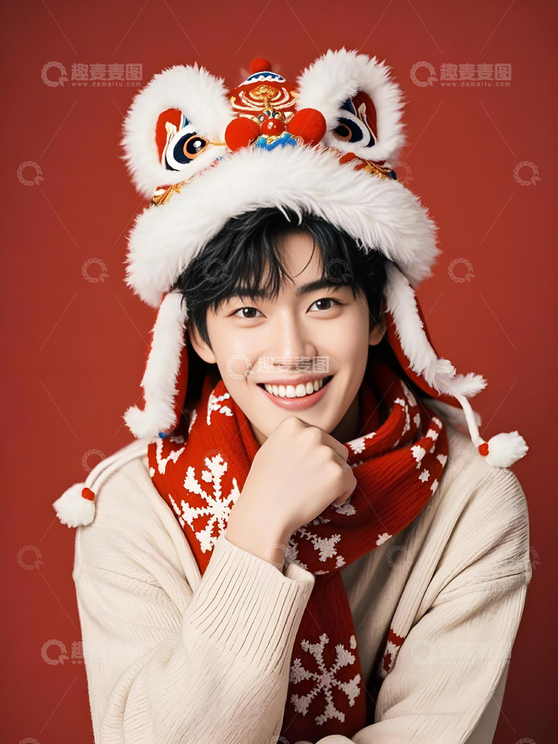高清大图下载【趣麦麦图】春节戴醒狮帽子人物摄影图