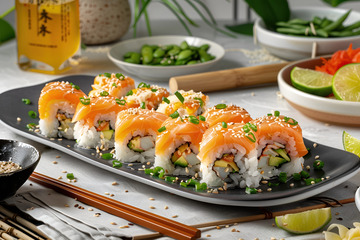一盘精致的三文鱼寿司