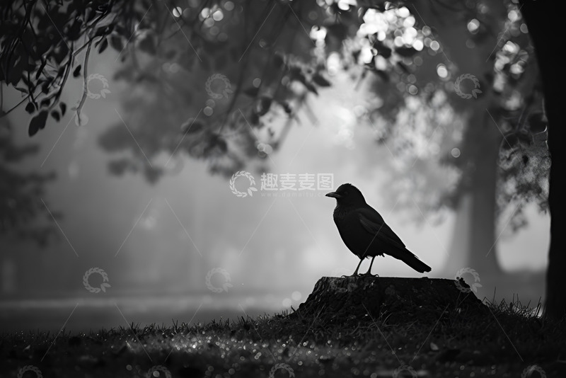 高清大图下载【趣麦麦图】站在木桩上的一只乌鸦
