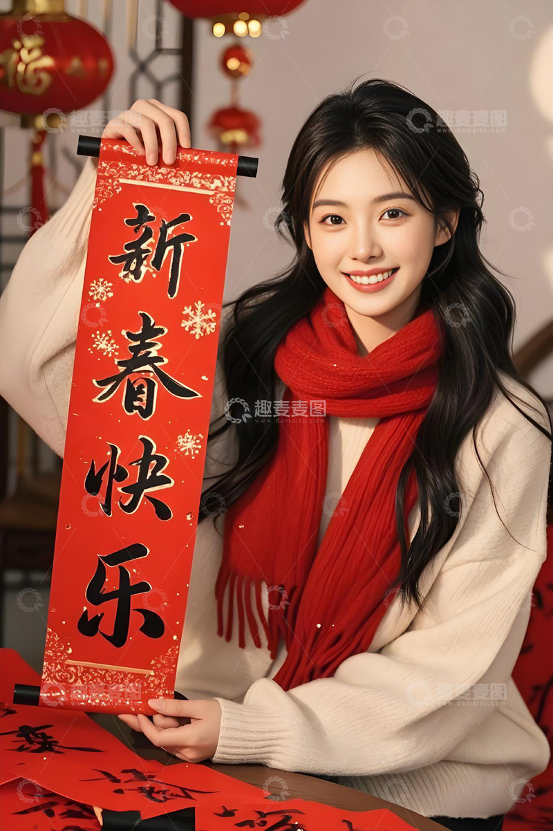 春节人物手拿对联摄影图3