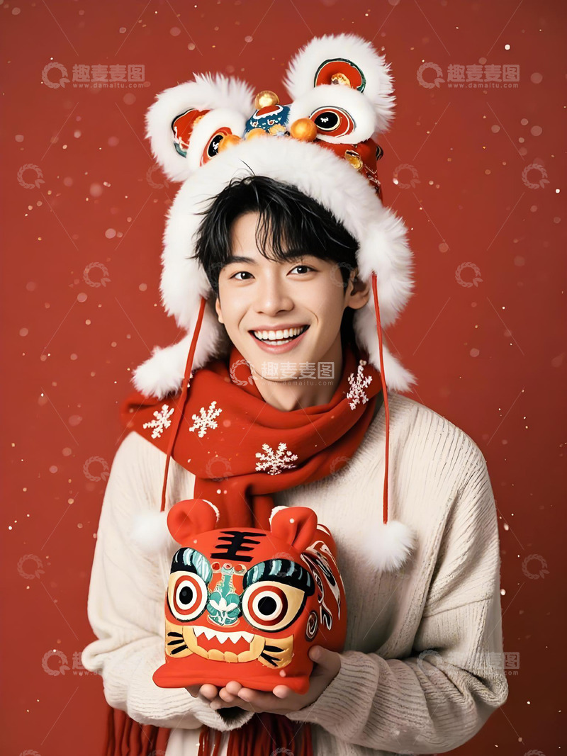 春节人物手拿布老虎摄影图1