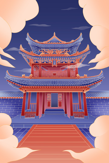 手绘中国古风建筑