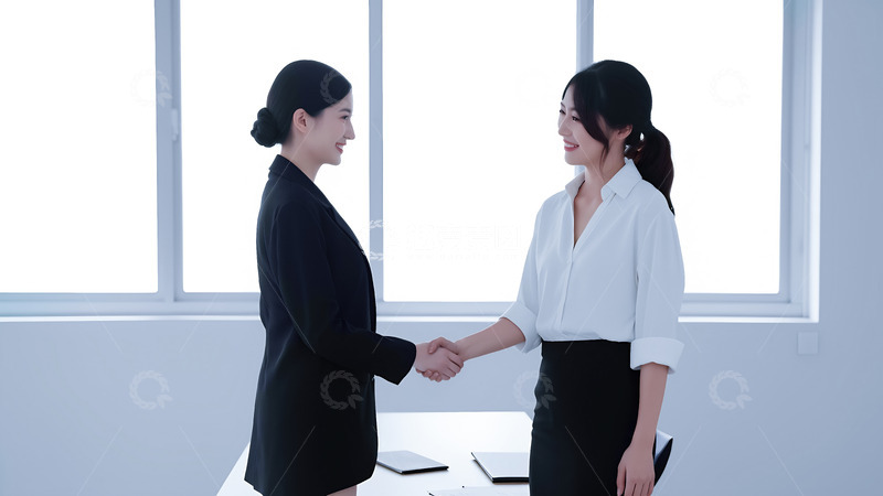 高清大图下载【趣麦麦图】两位女性在一个明亮的室内环境中握手的场景2