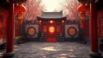 春节中式建筑室外庭院场景1