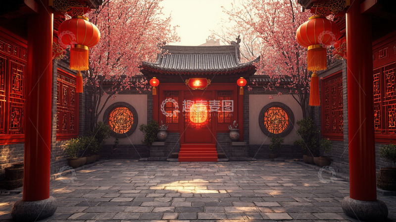 高清大图下载【趣麦麦图】春节中式建筑室外庭院场景1