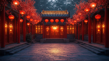 春节中式建筑室外庭院场景