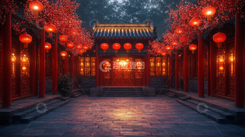 高清大图下载【趣麦麦图】春节中式建筑室外庭院场景