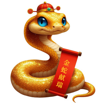 萌态金蛇红帽福字送好运