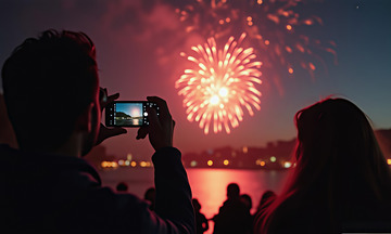 春节夜晚烟花人群场景摄影图1