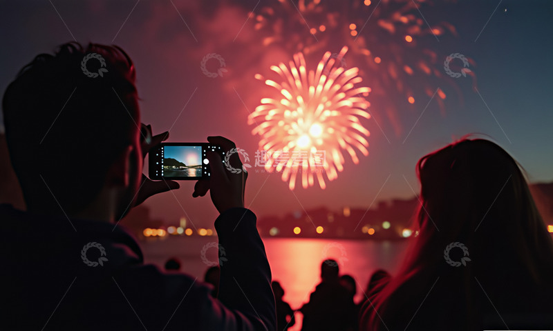 春节夜晚烟花人群场景摄影图1