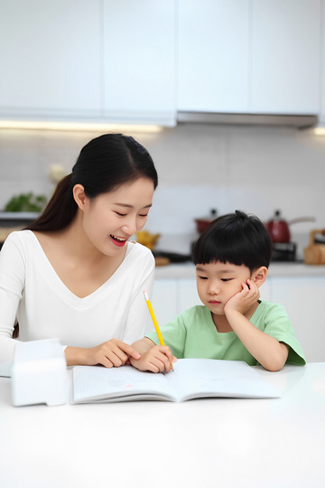 温馨母陪儿写作业瞬间