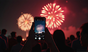 春节夜晚烟花人群场景摄影图