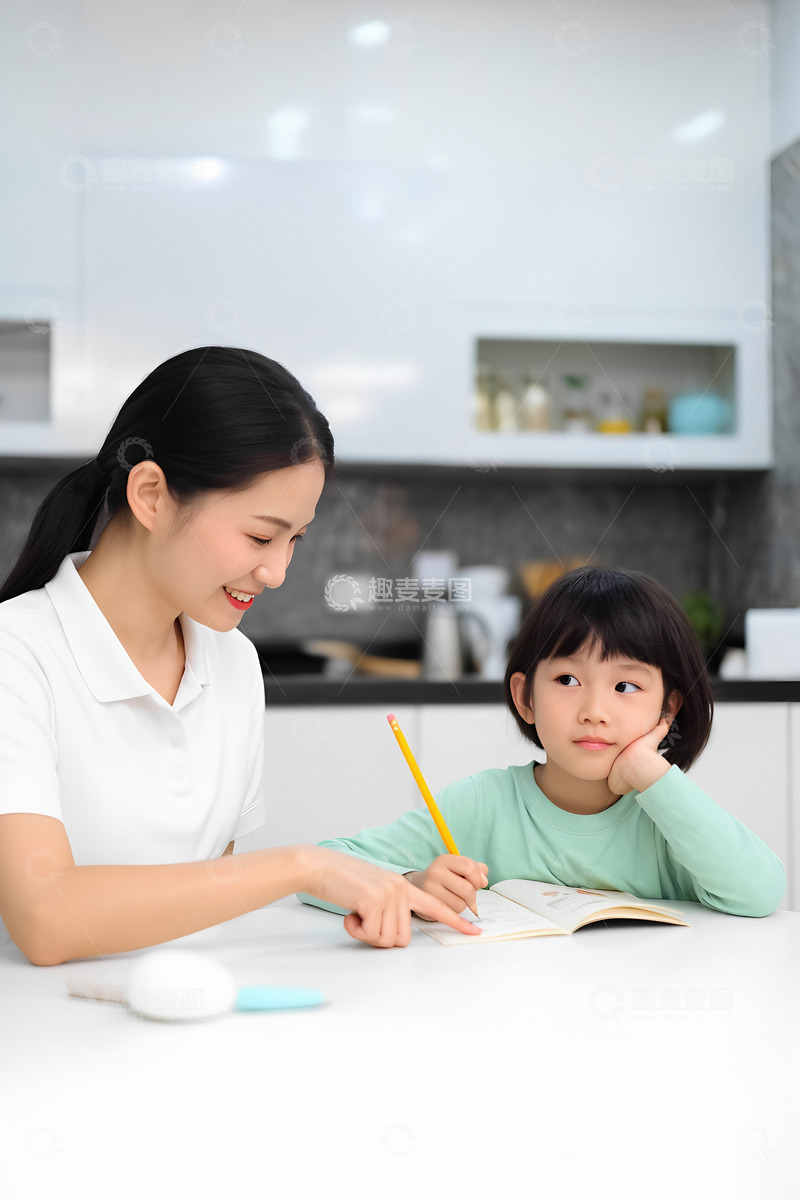高清大图下载【趣麦麦图】母亲与孩子作业之乐