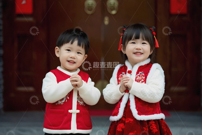 高清大图下载【趣麦麦图】萌娃红装门前祈福庆团圆